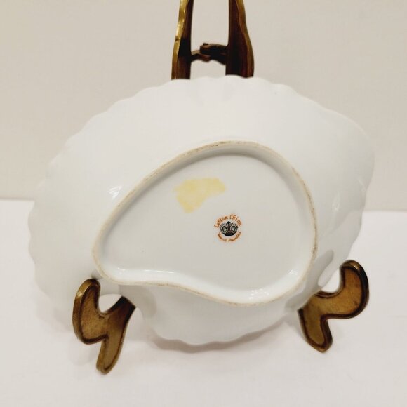 Vtg Hand Painted Lefton Leaf Shaped Gold Rim Purple Floral Candy Trinket Dish - Picture 6 of 7